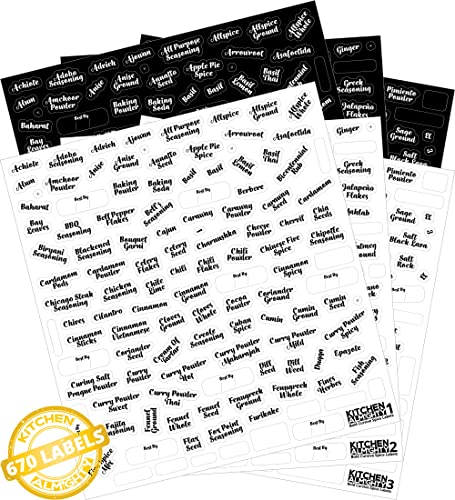 670 Labels: 498 Spice Names + 96 Blank Labels | Most Bold Cursive Preprinted Black & White Letters Label Set | Alphabetized Spice Label System by KITCHEN ALMIGHTY | Spice Jar Labels Spice Organization