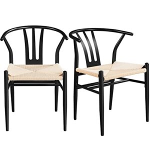 yaheetech 2pcs weave chair mid-century modern dining chair rattan chair wishbone dining chair armchairs black dining chair accent chair for kitchen, dining, living room side chairs hemp seat, black