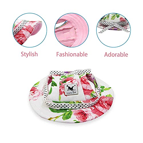 YAODHAOD Pet Round Brim Princess Cap Visor Hat Dog Outdoor Mesh Porous Breathable Sun Protection Cap with Ear Holes and Adjustable Chin Strap for Small Dogs Pug Chihuahua Shih Tzu (Flowers, M)