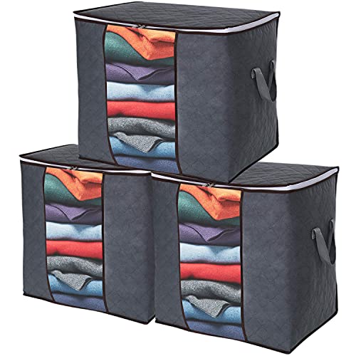 Clothing Storage Bag,3 Pack Large Capacity Clothes Storage Bag Organizer with Reinforced Handle Thick Fabric for Comforters,Storage Bin Blankets,Bedding,Foldable with Sturdy Zipper,Clear Window, 90L,Grey