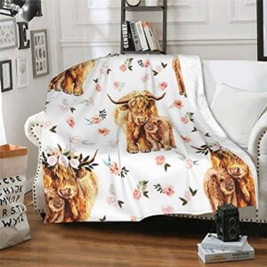 liangming spring pink floral scottish highland cow blanket smooth soft print throw blanket for sofa chair bed office 60x50, white