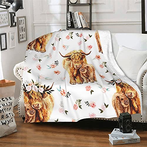 LIANGMING Spring Pink Floral Scottish Highland Cow Blanket Smooth Soft Print Throw Blanket for Sofa Chair Bed Office 60x50, White