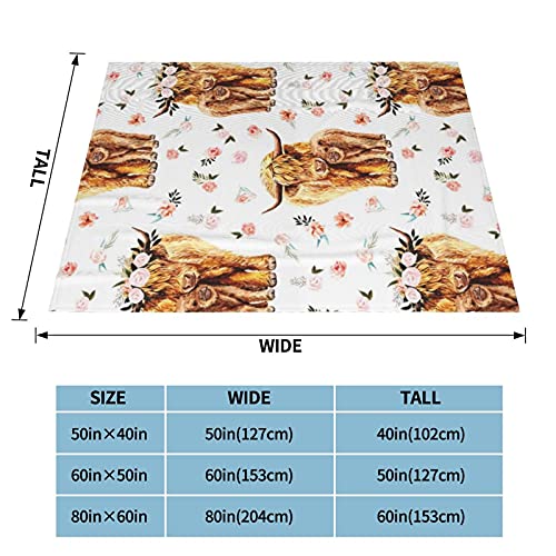 LIANGMING Spring Pink Floral Scottish Highland Cow Blanket Smooth Soft Print Throw Blanket for Sofa Chair Bed Office 60x50, White