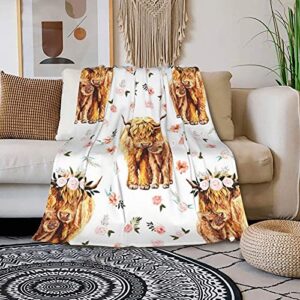 LIANGMING Spring Pink Floral Scottish Highland Cow Blanket Smooth Soft Print Throw Blanket for Sofa Chair Bed Office 60x50, White