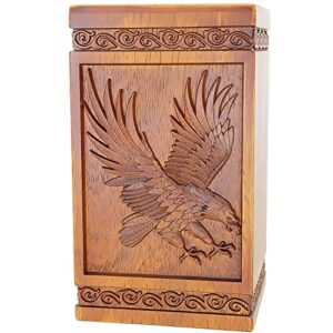 Urns for Wooden, Cremation Urns for Human Ashes Adult - Hand Engraving Bald Eagle - Funeral Urn for Mother / Father - Display Burial at Home or in Niche at Columbarium (Large Wood Decorative Urn