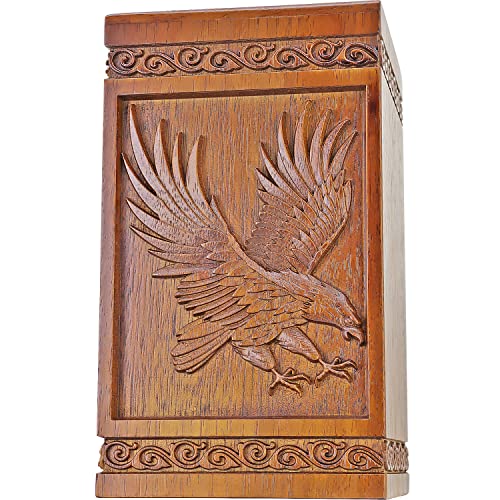 Urns for Wooden, Cremation Urns for Human Ashes Adult - Hand Engraving Bald Eagle - Funeral Urn for Mother / Father - Display Burial at Home or in Niche at Columbarium (Large Wood Decorative Urn