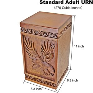 Urns for Wooden, Cremation Urns for Human Ashes Adult - Hand Engraving Bald Eagle - Funeral Urn for Mother / Father - Display Burial at Home or in Niche at Columbarium (Large Wood Decorative Urn