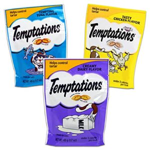 temptations whiskas cat treats variety pack -- 3 temptations cat snack treat bags | temptations cat treats chicken, dairy, and tuna (1.7oz)