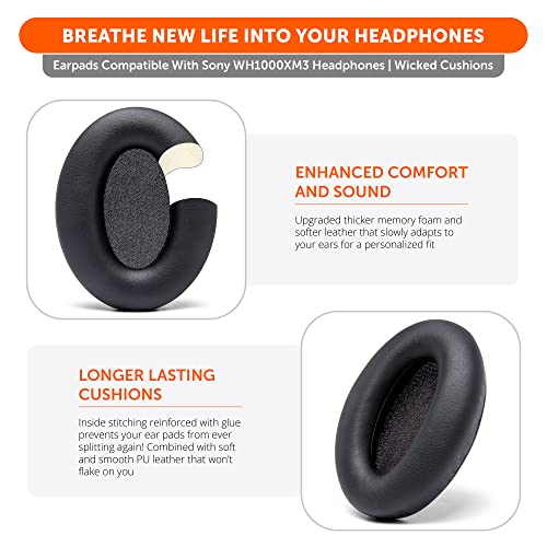 WC Wicked Cushions Extra Thick Replacement Earpads Compatible with Sony WH-1000XM3 Headphones - Black