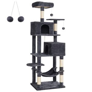 feandrea cat tree, 75.2-inch cat tower for indoor cats, plush multi-level cat condo with 5 scratching posts, 2 perches, 2 caves, hammock, 2 pompoms, smoky gray upct191g01