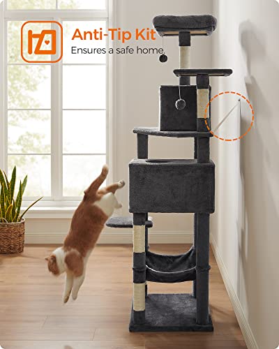 Feandrea Cat Tree, 75.2-Inch Cat Tower for Indoor Cats, Plush Multi-Level Cat Condo with 5 Scratching Posts, 2 Perches, 2 Caves, Hammock, 2 Pompoms, Smoky Gray UPCT191G01