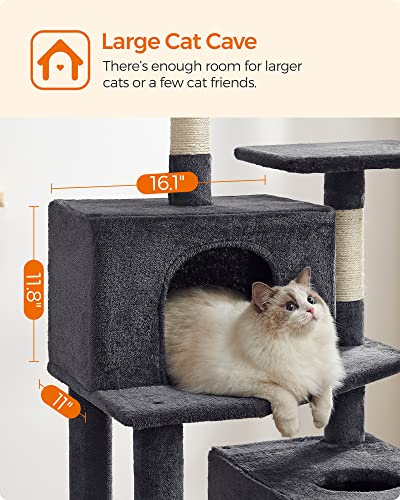 Feandrea Cat Tree, 75.2-Inch Cat Tower for Indoor Cats, Plush Multi-Level Cat Condo with 5 Scratching Posts, 2 Perches, 2 Caves, Hammock, 2 Pompoms, Smoky Gray UPCT191G01