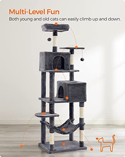 Feandrea Cat Tree, 75.2-Inch Cat Tower for Indoor Cats, Plush Multi-Level Cat Condo with 5 Scratching Posts, 2 Perches, 2 Caves, Hammock, 2 Pompoms, Smoky Gray UPCT191G01