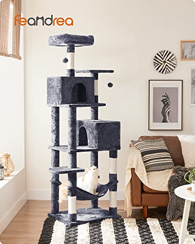 Feandrea Cat Tree, 75.2-Inch Cat Tower for Indoor Cats, Plush Multi-Level Cat Condo with 5 Scratching Posts, 2 Perches, 2 Caves, Hammock, 2 Pompoms, Smoky Gray UPCT191G01