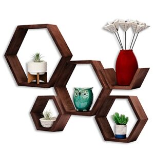 sweetset hexagon and honeycomb floating wooden shelves for wall mountingstacking, includes set of 5 shelves screws and anchors included, also includes measuring template for easy mounting, brown-red