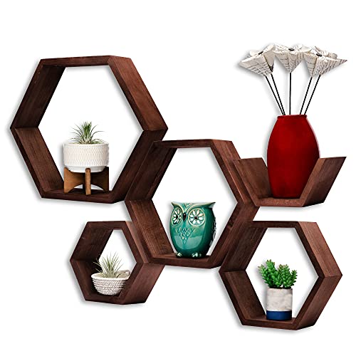 SweetSet Hexagon and Honeycomb Floating Wooden Shelves for Wall mountingStacking, Includes Set of 5 Shelves Screws and Anchors Included, Also Includes Measuring Template for Easy Mounting, Brown-red