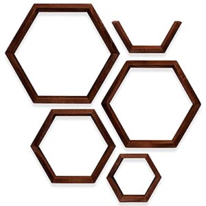 SweetSet Hexagon and Honeycomb Floating Wooden Shelves for Wall mountingStacking, Includes Set of 5 Shelves Screws and Anchors Included, Also Includes Measuring Template for Easy Mounting, Brown-red