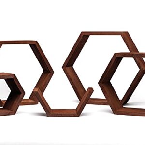 SweetSet Hexagon and Honeycomb Floating Wooden Shelves for Wall mountingStacking, Includes Set of 5 Shelves Screws and Anchors Included, Also Includes Measuring Template for Easy Mounting, Brown-red