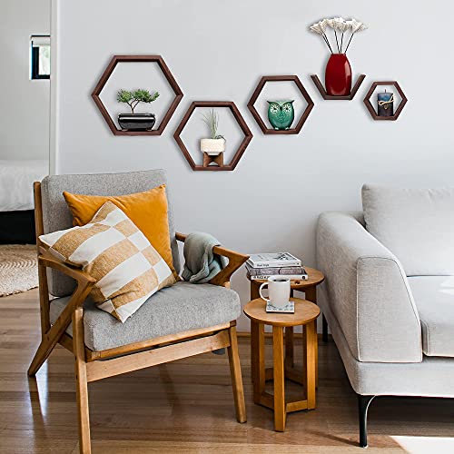 SweetSet Hexagon and Honeycomb Floating Wooden Shelves for Wall mountingStacking, Includes Set of 5 Shelves Screws and Anchors Included, Also Includes Measuring Template for Easy Mounting, Brown-red