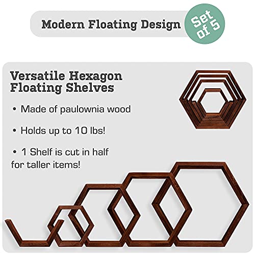 SweetSet Hexagon and Honeycomb Floating Wooden Shelves for Wall mountingStacking, Includes Set of 5 Shelves Screws and Anchors Included, Also Includes Measuring Template for Easy Mounting, Brown-red