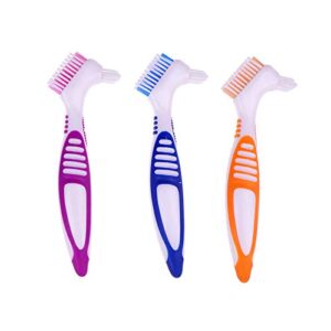premium denture cleaning brush set with multi-layered bristles & ergonomic rubber handle, portable denture double sided brush for false teeth cleaning, 3 pieces (blue, orange, purple)