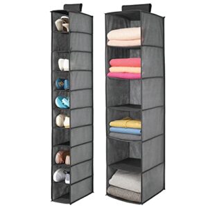 mdesign fabric over rod hanging closet storage organizers, includes a wide 6-shelf sweater organizer, and a narrow 10-shelf shoe rack - textured print - set of 2 - charcoal gray/black