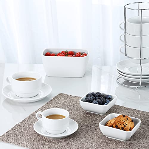 Yedio Porcelain 4 oz Espresso Coffee Cups with Saucers and Metal Stand, Porcelain White Stackable Cappuccino Cups Set of 4