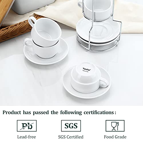 Yedio Porcelain 4 oz Espresso Coffee Cups with Saucers and Metal Stand, Porcelain White Stackable Cappuccino Cups Set of 4