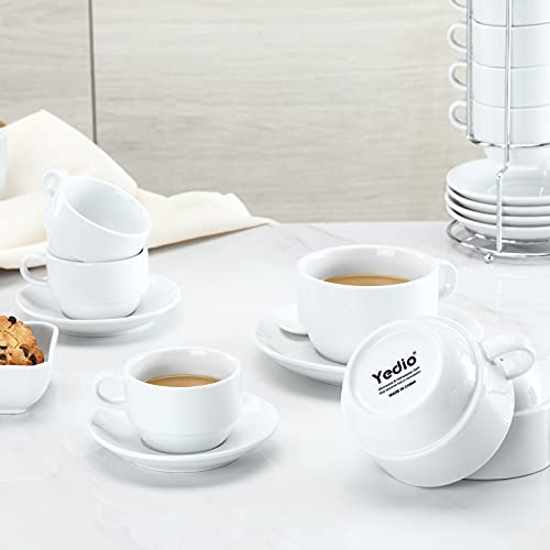 Yedio Porcelain 4 oz Espresso Coffee Cups with Saucers and Metal Stand, Porcelain White Stackable Cappuccino Cups Set of 4