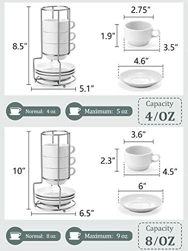 Yedio Porcelain 4 oz Espresso Coffee Cups with Saucers and Metal Stand, Porcelain White Stackable Cappuccino Cups Set of 4