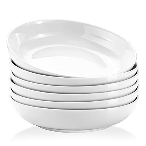 Yedio Pasta Bowls, 22 Ounces Porcelain Salad Bowls for Kitchen, Shallow Pasta Bowls Set, White Pasta Bowls, Microwave Dishwasher Safe, Set of 6