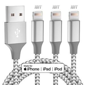 bkayp iphone charger,3pack 10ft [mfi certified] lightning cable lightning to usb compatible iphone 12/11 pro/11/xs max/xr/8/7/6s/6/plus,ipad pro/air/mini - greywhite