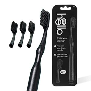 hello manual adult toothbrush with reusable charcoal modern aluminum handle & 4 soft replacement heads, bpa-free, 4 count