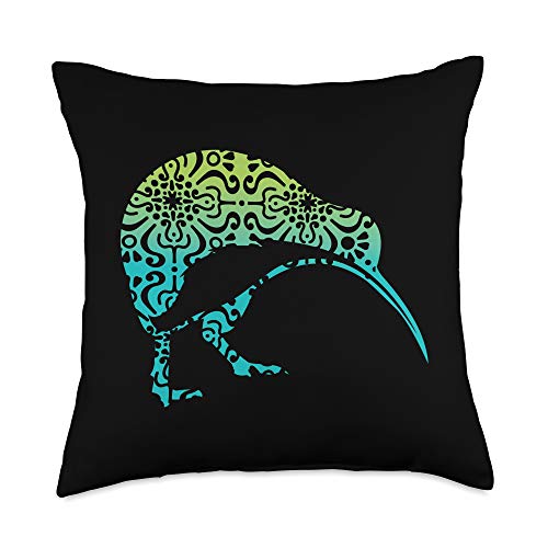 FOKS. /// Maori New Zealand Polynesian Hawaii Maori Kiwi Tribal Aboriginal New Zealand Bird Art Throw Pillow, 18x18, Multicolor