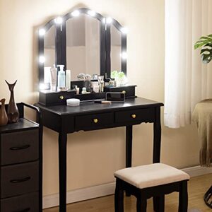caroeas vanity, tri-fold makeup vanity with mirror, lights and padded vanity stool, solid wooden vanity set, 4 drawers, 2 brush slots and 2 open compartments, black vanity table