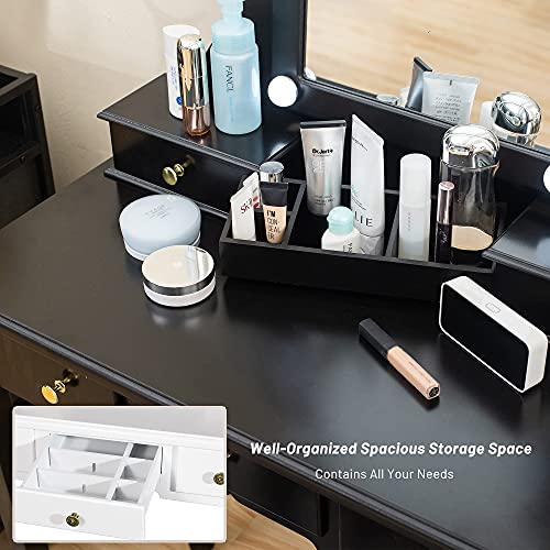 Caroeas Vanity, Tri-Fold Makeup Vanity with Mirror, Lights and Padded Vanity Stool, Solid Wooden Vanity Set, 4 Drawers, 2 Brush Slots and 2 Open Compartments, Black Vanity Table