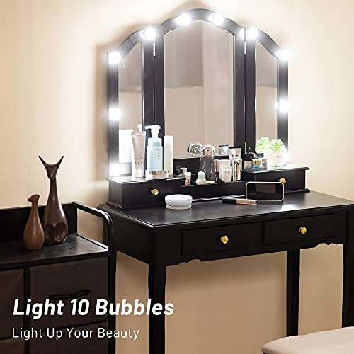 Caroeas Vanity, Tri-Fold Makeup Vanity with Mirror, Lights and Padded Vanity Stool, Solid Wooden Vanity Set, 4 Drawers, 2 Brush Slots and 2 Open Compartments, Black Vanity Table