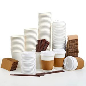 [100 pack] 12 oz paper coffee cups, disposable paper coffee cup with lids, sleeves, and stirrers, hot/cold beverage drinking cup for water, juice, coffee or tea, suitable for home, shops and cafes
