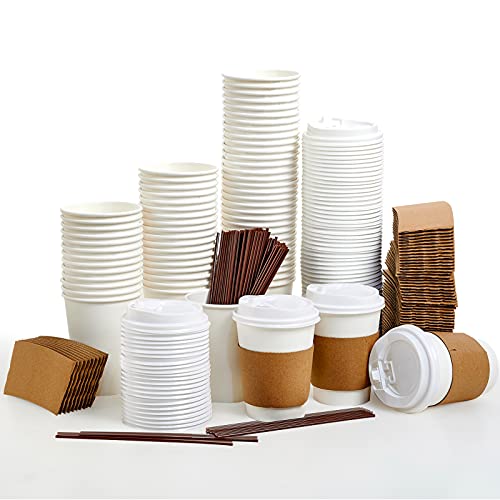 [100 Pack] 12 oz Paper Coffee Cups, Disposable Paper Coffee Cup with Lids, Sleeves, and Stirrers, Hot/Cold Beverage Drinking Cup for Water, Juice, Coffee or Tea, Suitable for Home, Shops and Cafes