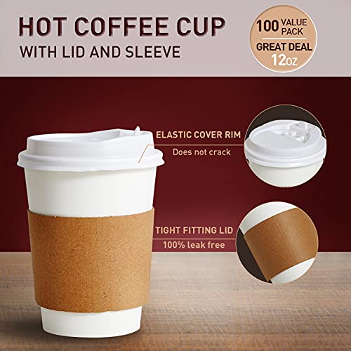 [100 Pack] 12 oz Paper Coffee Cups, Disposable Paper Coffee Cup with Lids, Sleeves, and Stirrers, Hot/Cold Beverage Drinking Cup for Water, Juice, Coffee or Tea, Suitable for Home, Shops and Cafes