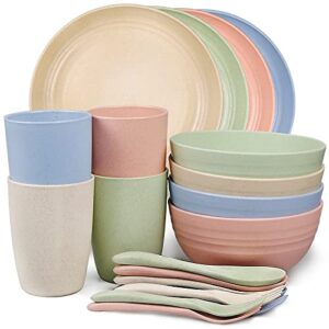 wheat straw dinnerware sets, 20 pcs microwave unbreakable plates and bowls sets, reusable lightweight tableware dinner dishes, bowls, cups, plastic dishes for camping, kitchen, rv, dishwasher safe