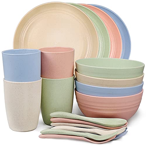 Wheat Straw Dinnerware Sets, 20 PCS Microwave Unbreakable Plates and Bowls Sets, Reusable Lightweight Tableware Dinner Dishes, Bowls, Cups, Plastic Dishes for Camping, Kitchen, RV, Dishwasher Safe