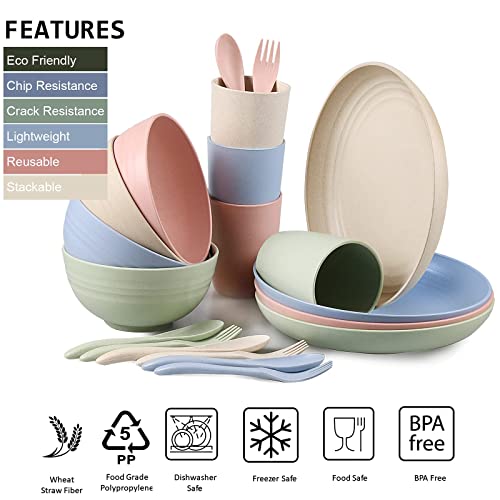 Wheat Straw Dinnerware Sets, 20 PCS Microwave Unbreakable Plates and Bowls Sets, Reusable Lightweight Tableware Dinner Dishes, Bowls, Cups, Plastic Dishes for Camping, Kitchen, RV, Dishwasher Safe