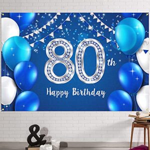 hamigar 6x4ft happy 80th birthday banner backdrop - 80 years old birthday decorations party supplies for women men - blue silver