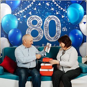 HAMIGAR 6x4ft Happy 80th Birthday Banner Backdrop - 80 Years Old Birthday Decorations Party Supplies for Women Men - Blue Silver