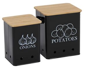 xbopetda potato onion storage bin, kitchen storage canister set of 2, kitchen pantry organizer tin - vegetable fresh keeper with aerating tin storage holes & wooden lid (black)