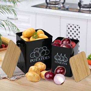 Xbopetda Potato Onion Storage Bin, Kitchen Storage Canister Set of 2, Kitchen Pantry Organizer Tin - Vegetable Fresh Keeper with Aerating Tin Storage Holes & Wooden Lid (Black)