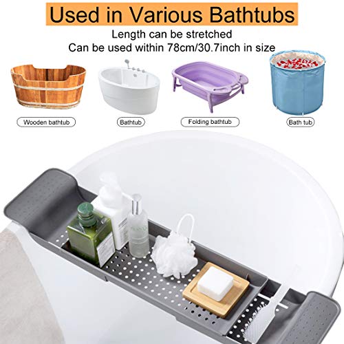 Expandable Bath Shelf Bathtub Caddy Tray Adjustable Plastic Shower Organizer Trays Extending Home Bathroom Sides Bath Tub Caddy Tray Rack Soap Shower Storage Kitchen Wine Tray Holder SPA Ttray (Gray)