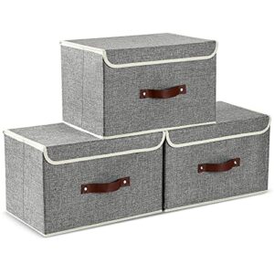 e-manis storage bins with lids set of 3 foldable storage boxes with lids storage baskets storage containers organizers with for toys,clothes and books (grey)
