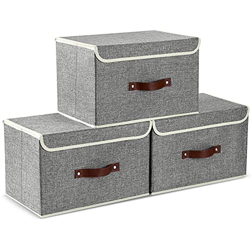 E-MANIS Storage Bins with Lids set of 3 Foldable Storage Boxes with Lids Storage Baskets Storage Containers Organizers with for Toys,Clothes and Books (Grey)